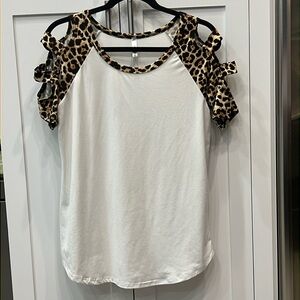 Watermelon Off White Leopard Print Cold Shoulder Short Sleeve Top